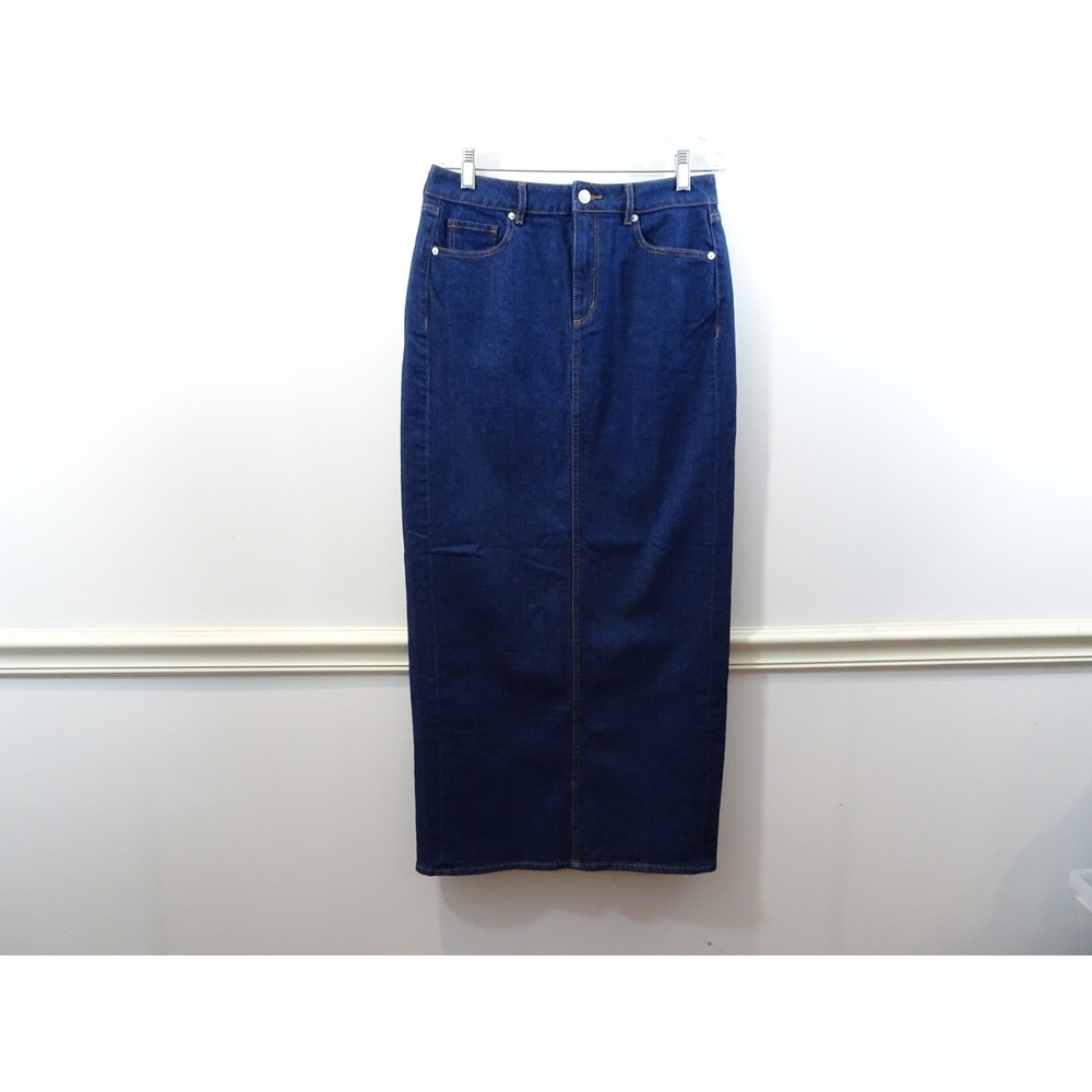 Dark Wash Denim Maxi Skirt High Waisted Back Slit Straight Long Jean Skirt 28